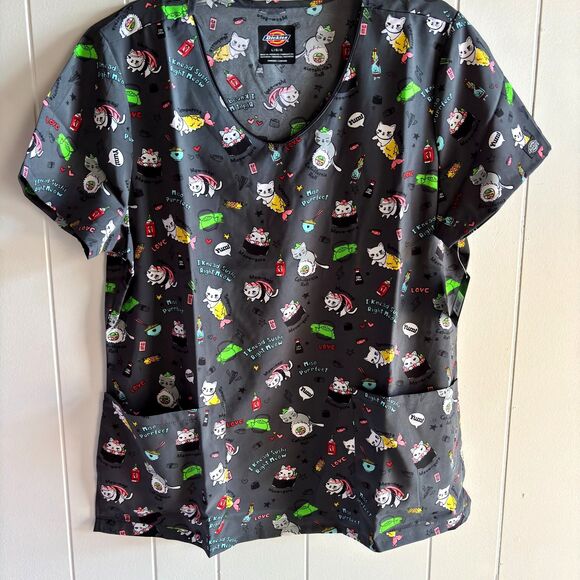 Dickie's Medical Whimsical Cat Sushi Woman's Size L Charcoal Nurse Scrub Top - Picture 1 of 9
